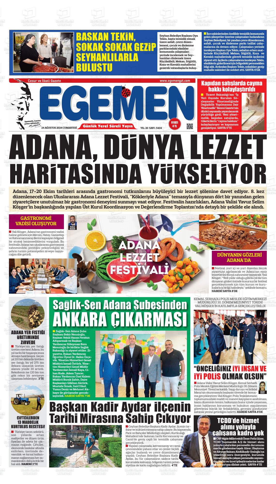 24 Ağustos 2024 Egemen  Adana Gazete Manşeti