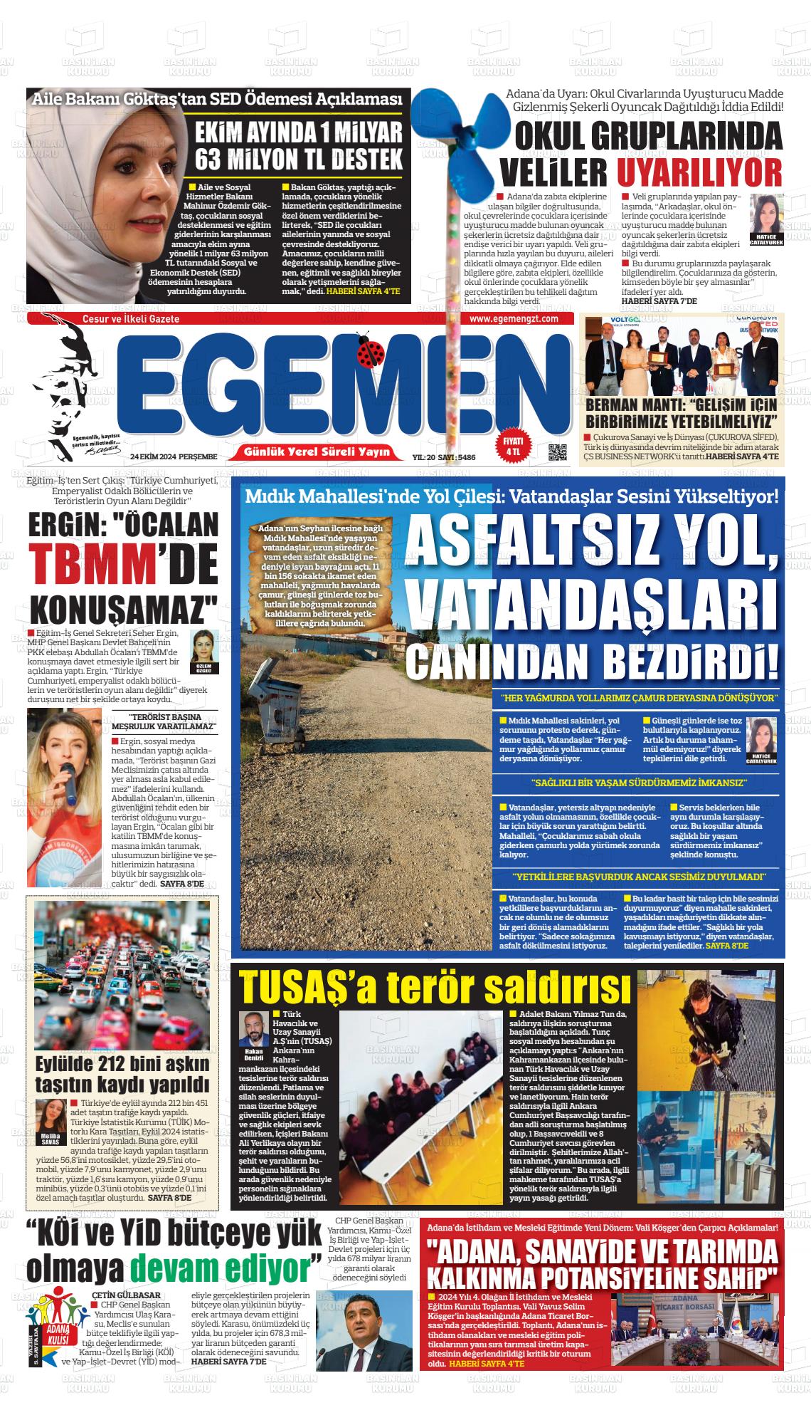 24 Ekim 2024 Egemen  Adana Gazete Manşeti