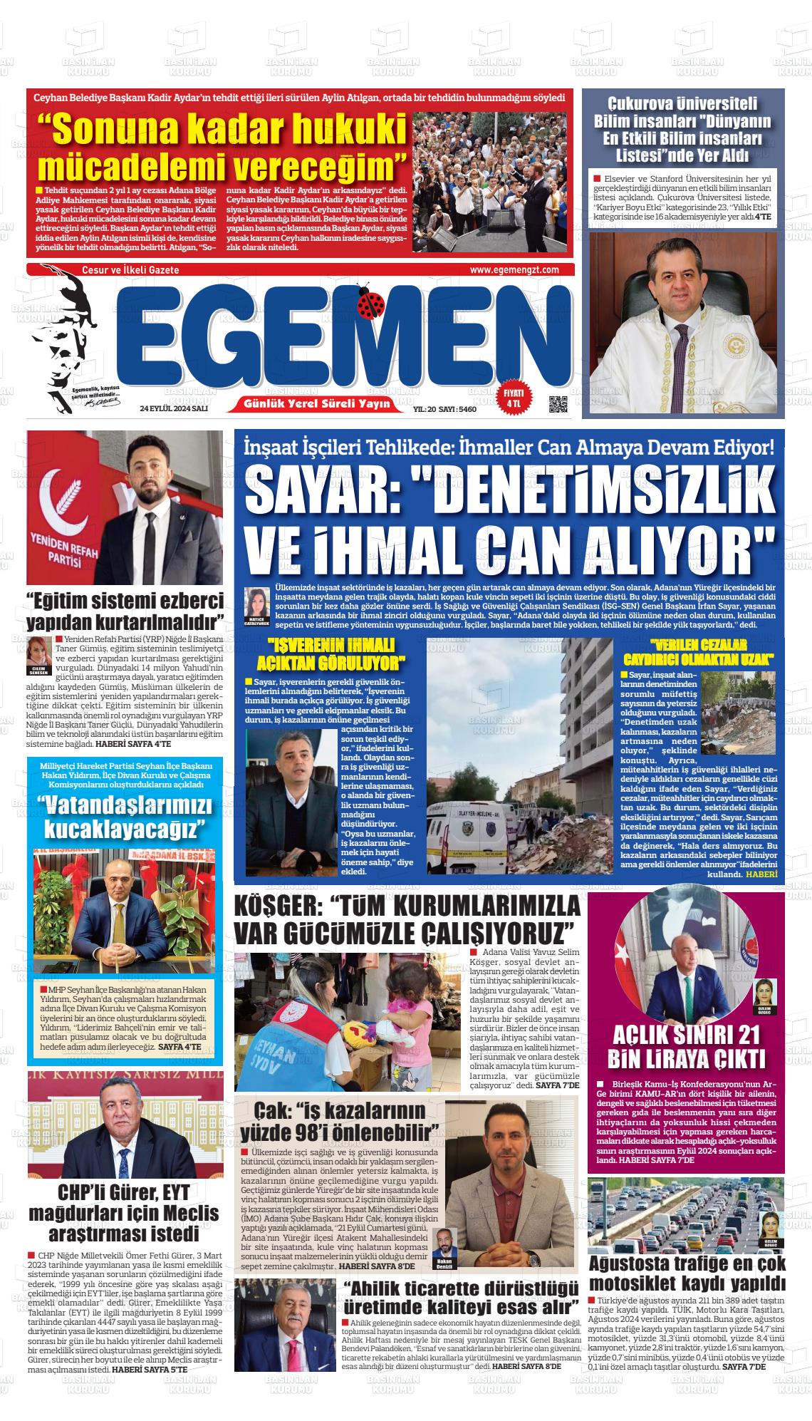 24 Eylül 2024 Egemen  Adana Gazete Manşeti