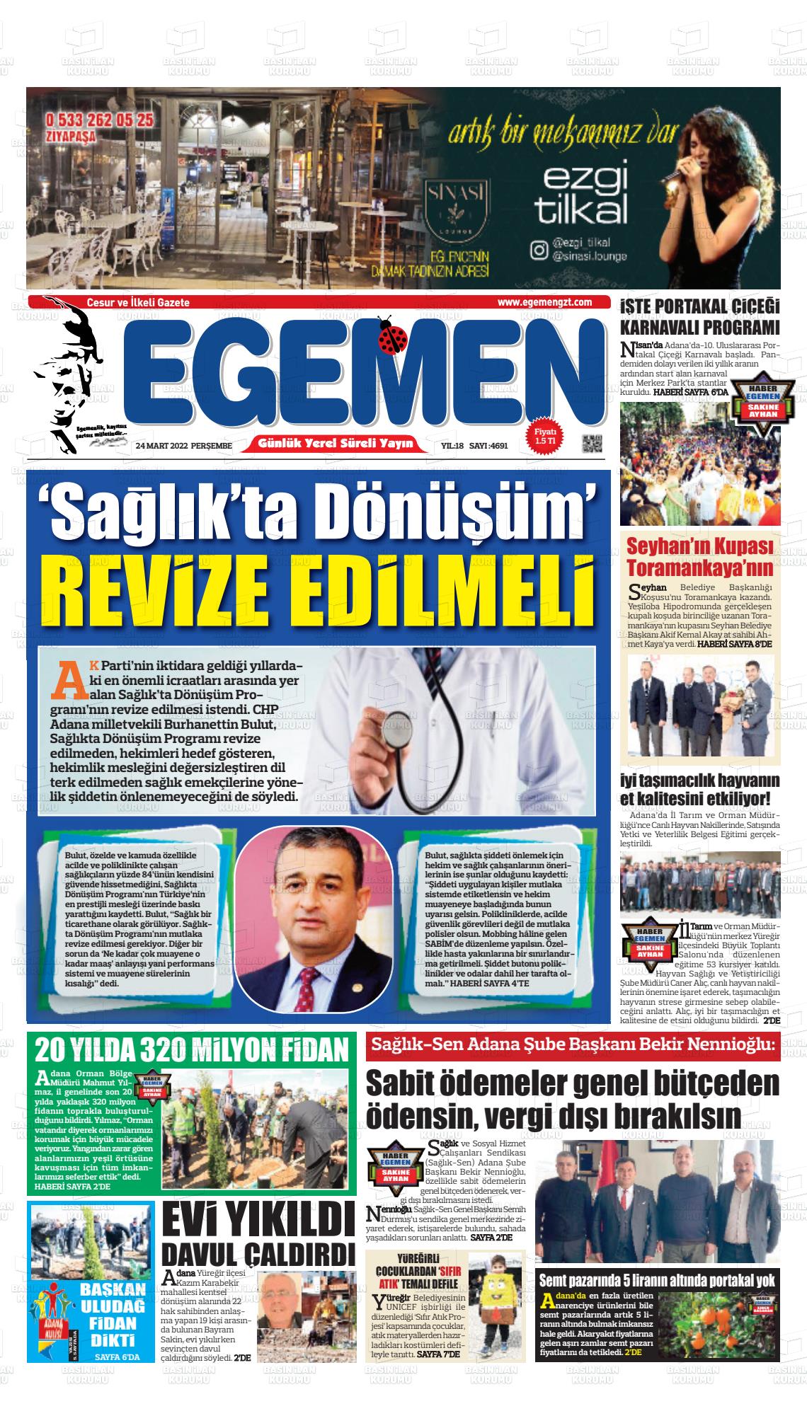 24 Mart 2022 Egemen  Adana Gazete Manşeti