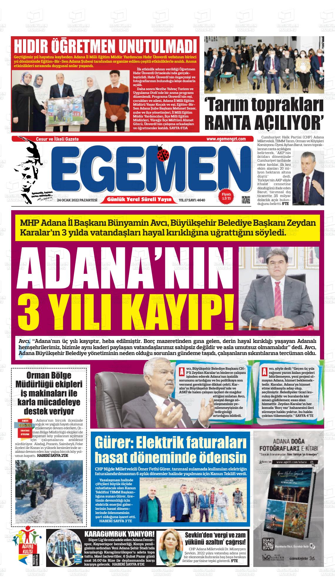 24 Ocak 2022 Egemen  Adana Gazete Manşeti