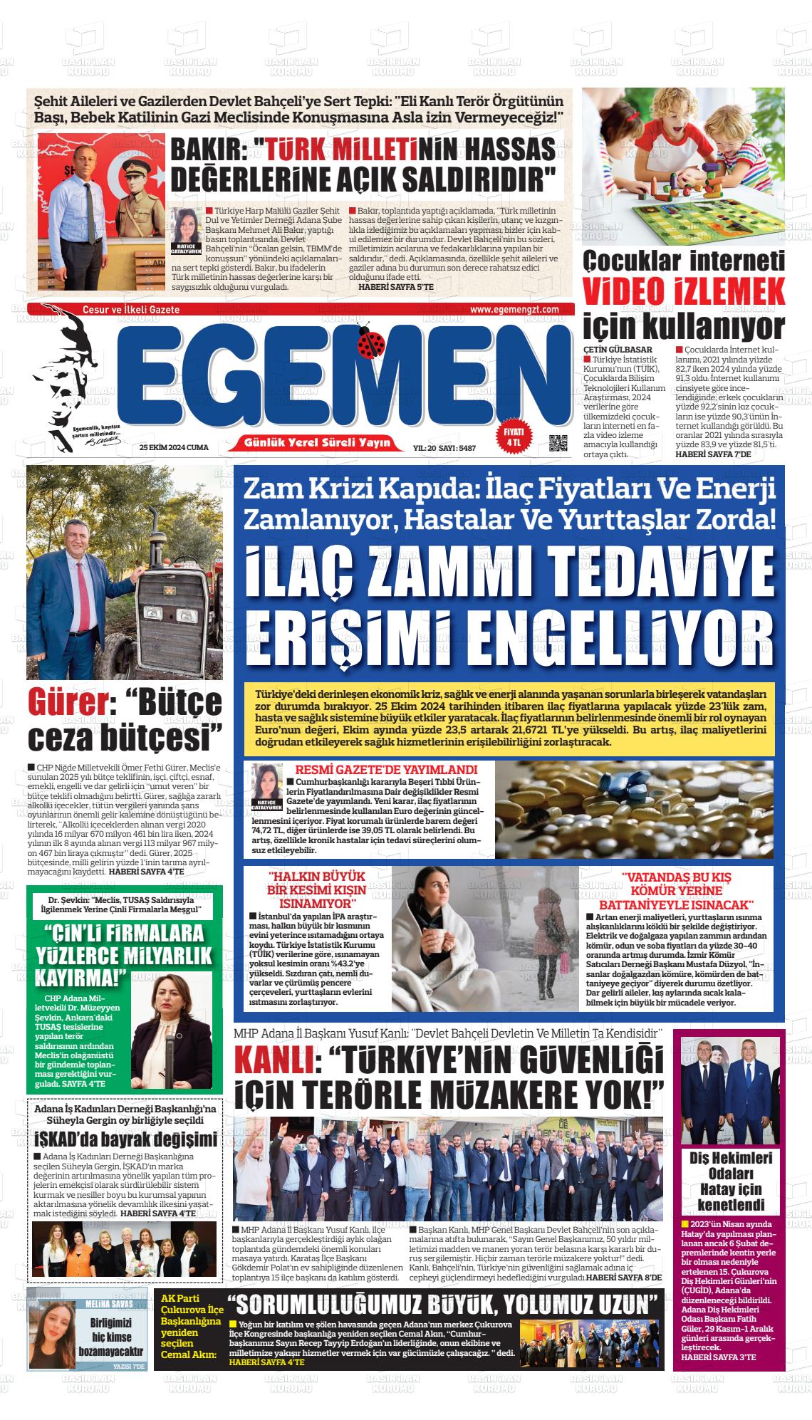 26 Ekim 2024 Egemen  Adana Gazete Manşeti