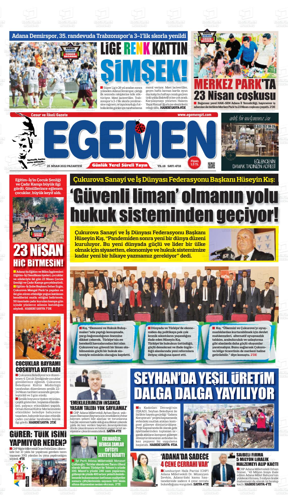 25 Nisan 2022 Egemen  Adana Gazete Manşeti