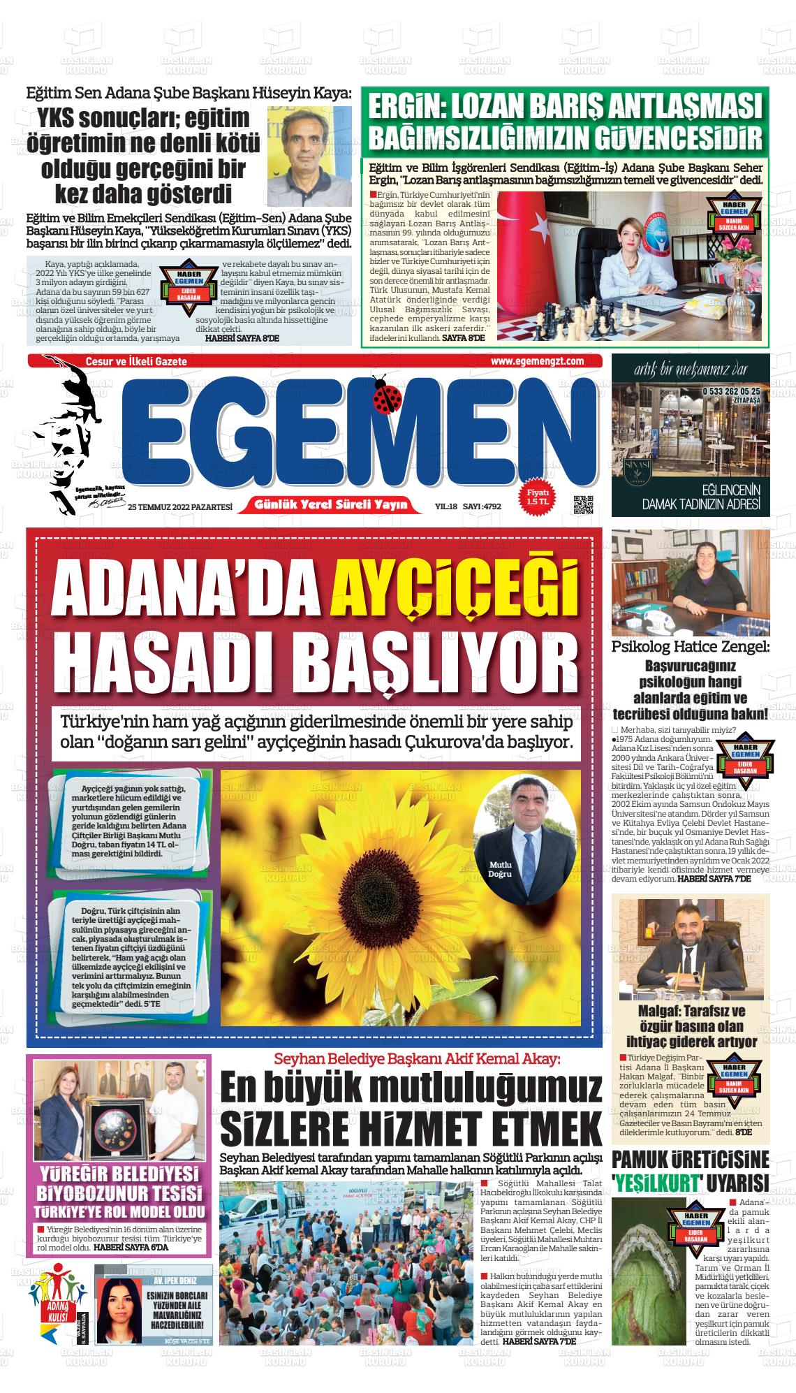 25 Temmuz 2022 Egemen  Adana Gazete Manşeti