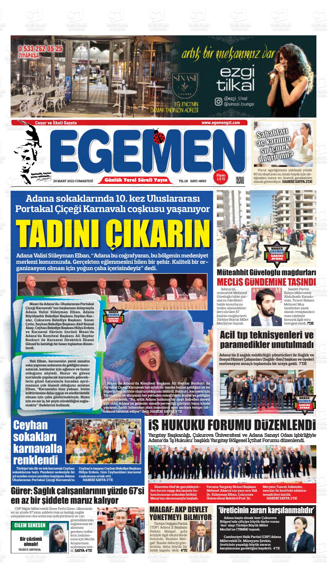 26 Mart 2022 Egemen  Adana Gazete Manşeti