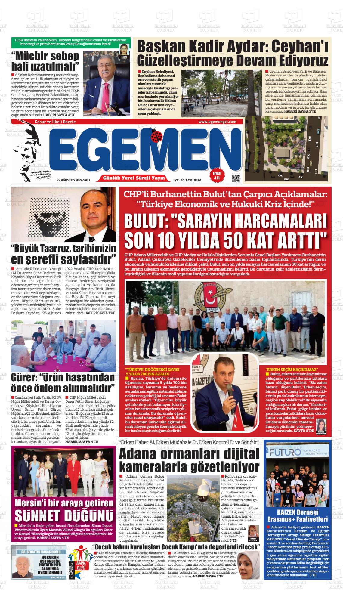 27 Ağustos 2024 Egemen  Adana Gazete Manşeti