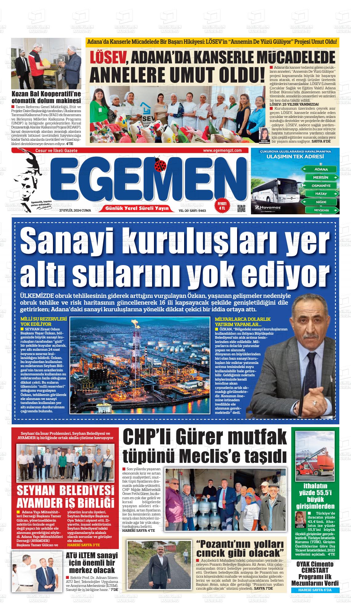 27 Eylül 2024 Egemen  Adana Gazete Manşeti