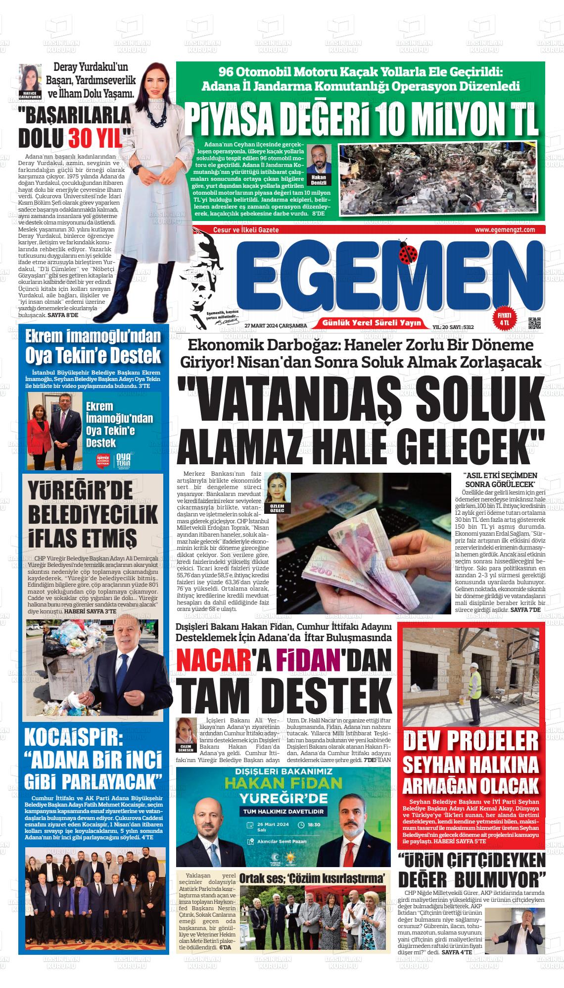 27 Mart 2024 Egemen  Adana Gazete Manşeti