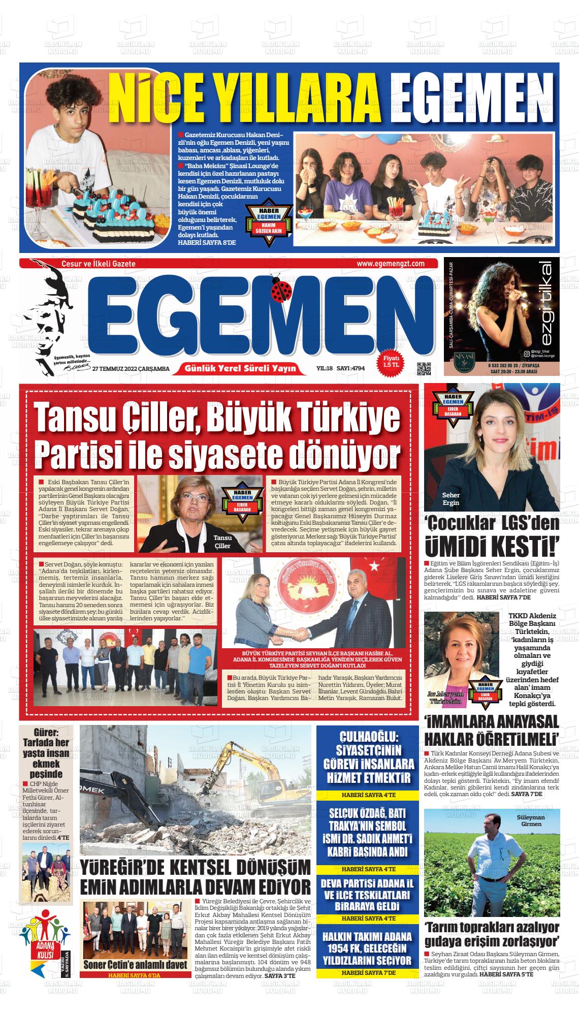 27 Temmuz 2022 Egemen  Adana Gazete Manşeti