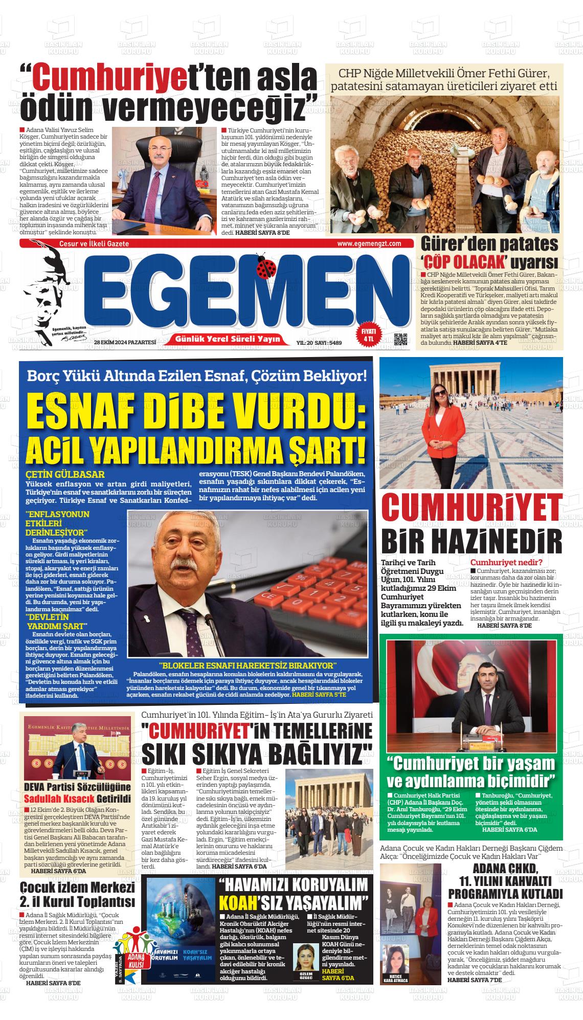 28 Ekim 2024 Egemen  Adana Gazete Manşeti