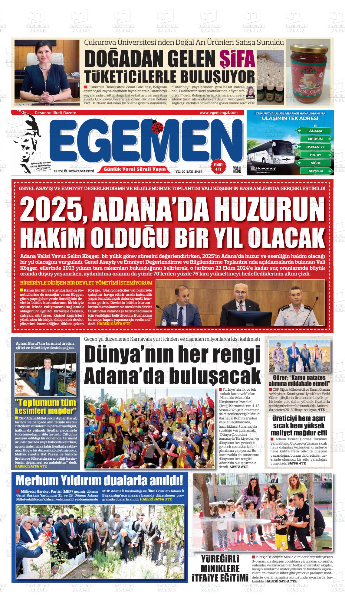 28 Eylül 2024 Egemen  Adana Gazete Manşeti