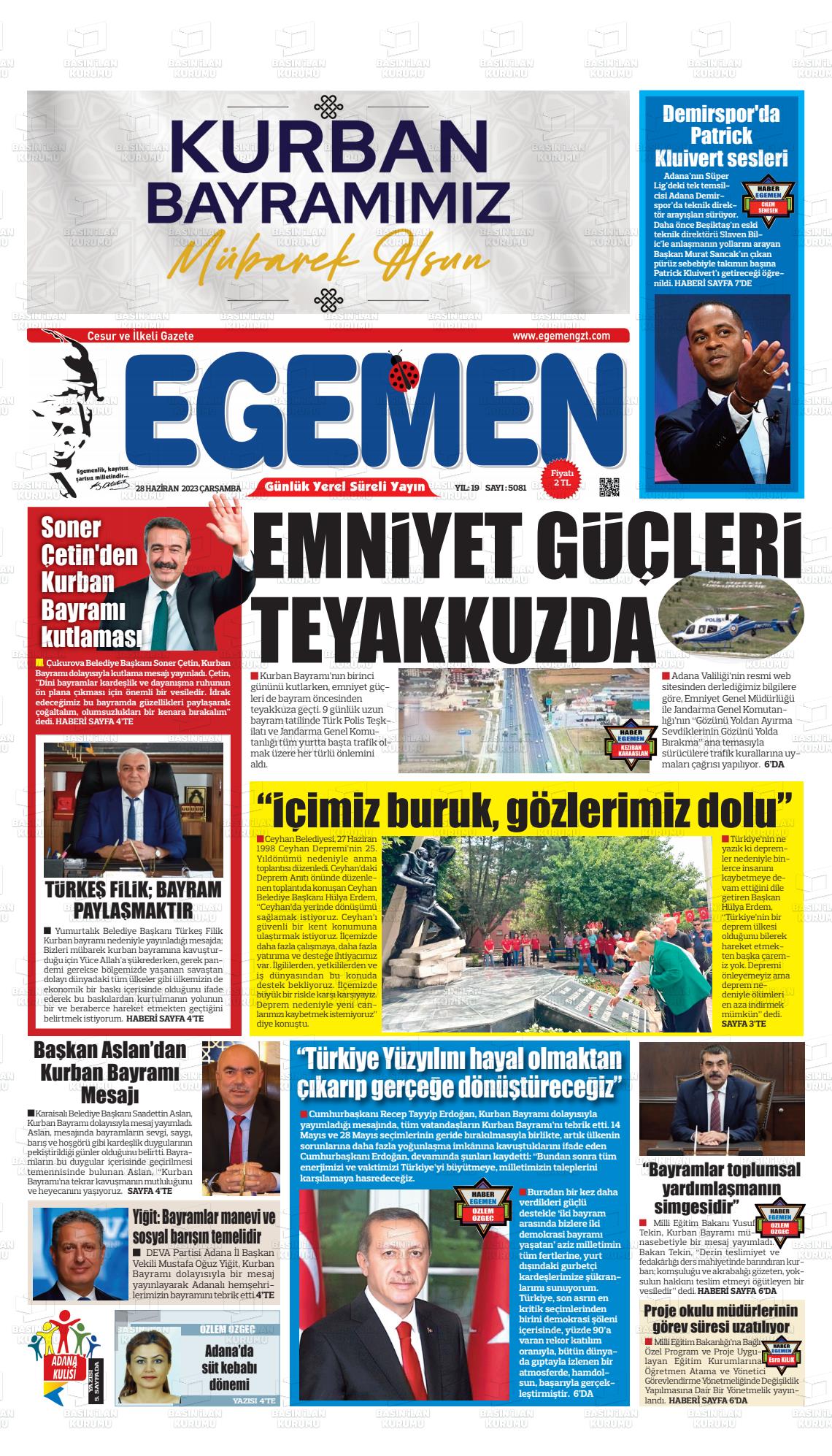 28 Haziran 2023 Egemen  Adana Gazete Manşeti