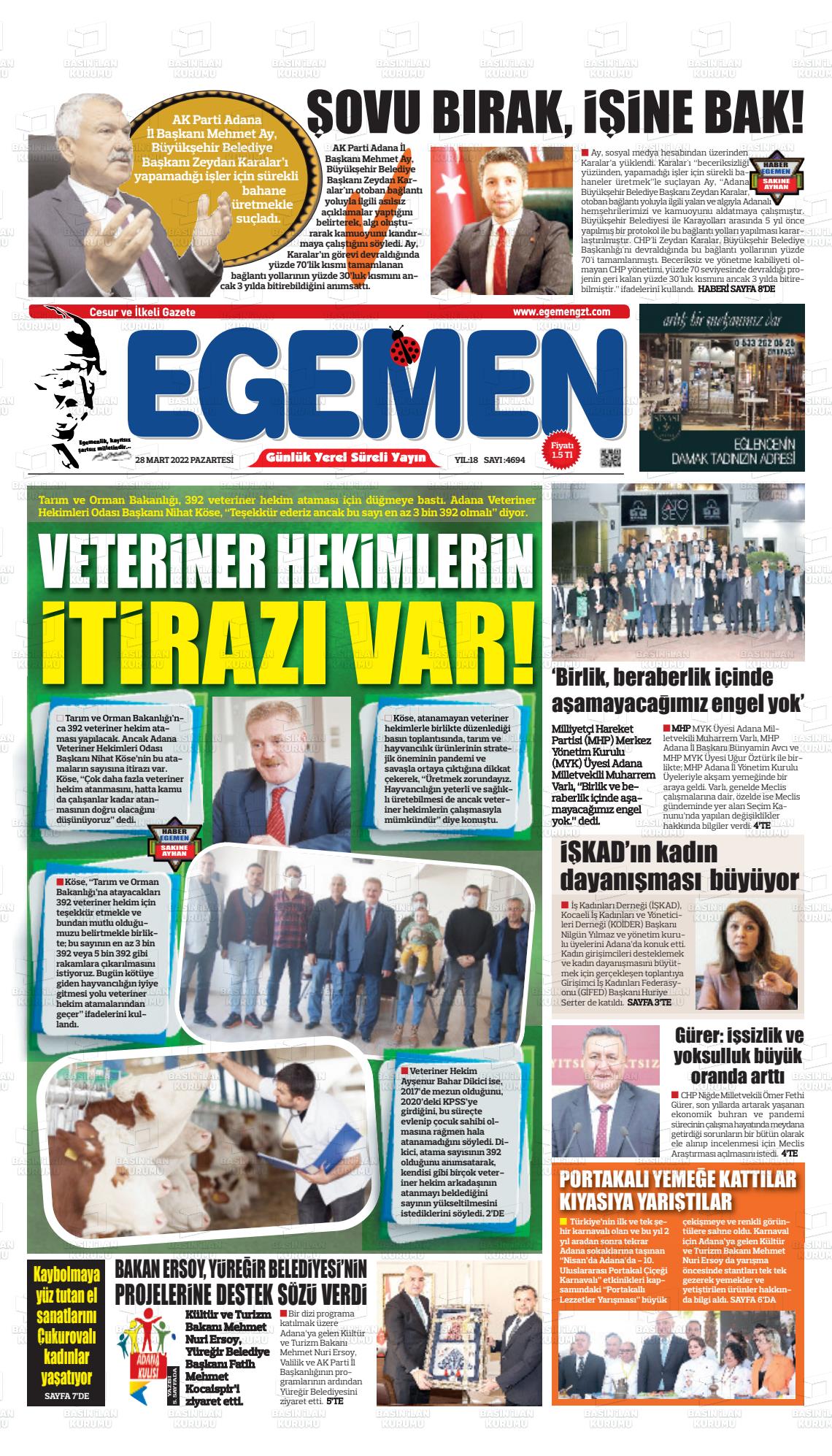 28 Mart 2022 Egemen  Adana Gazete Manşeti