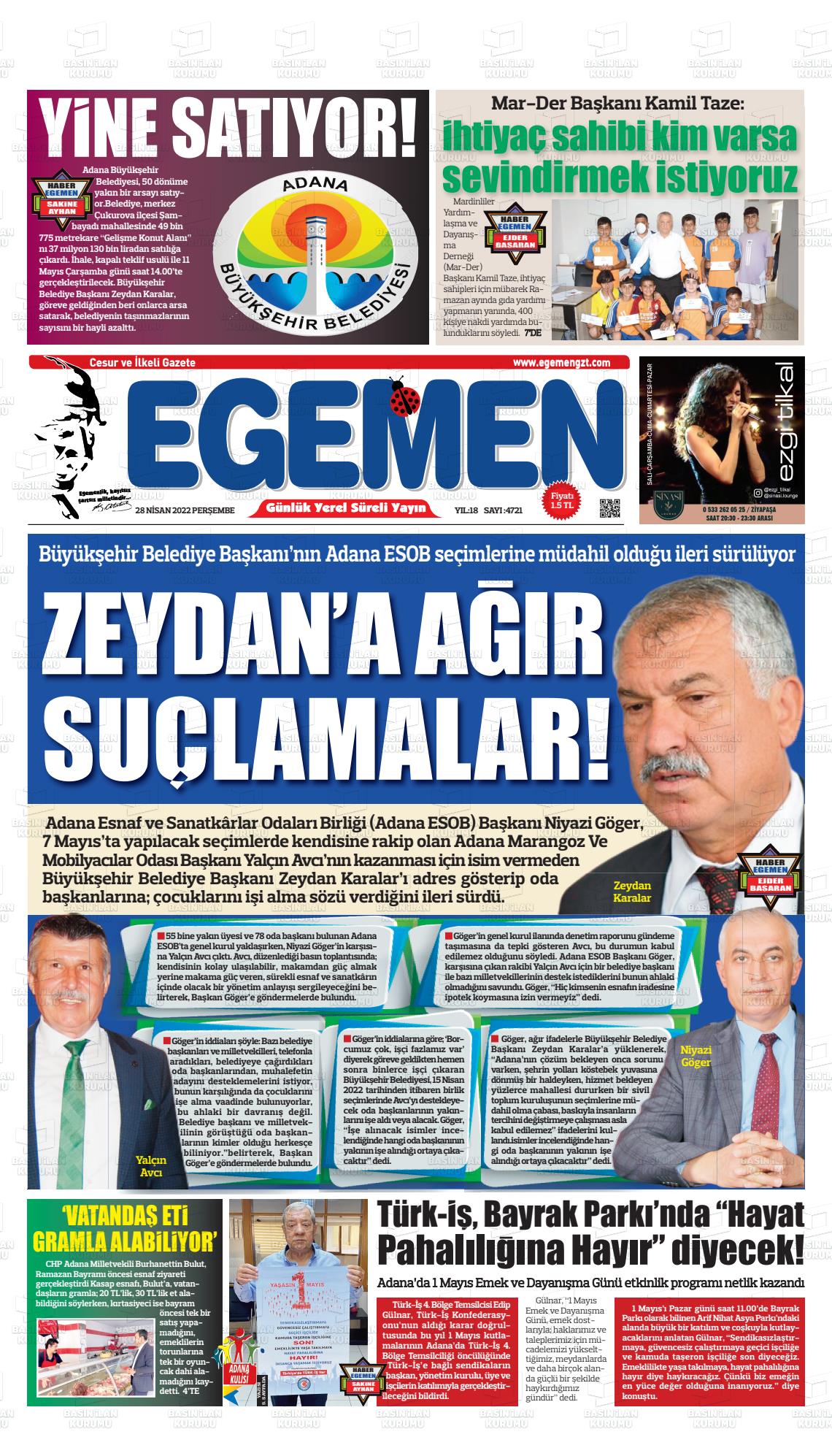 28 Nisan 2022 Egemen  Adana Gazete Manşeti