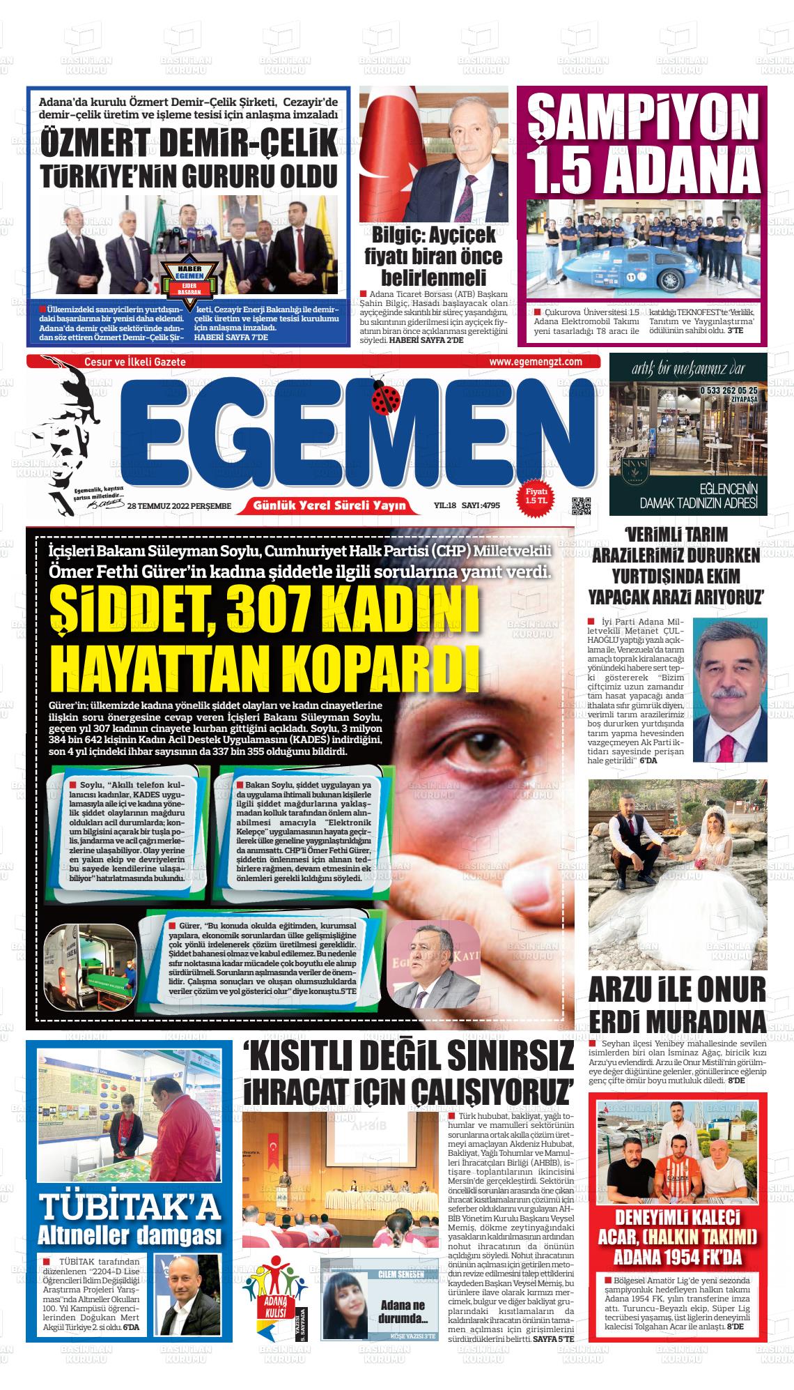 28 Temmuz 2022 Egemen  Adana Gazete Manşeti