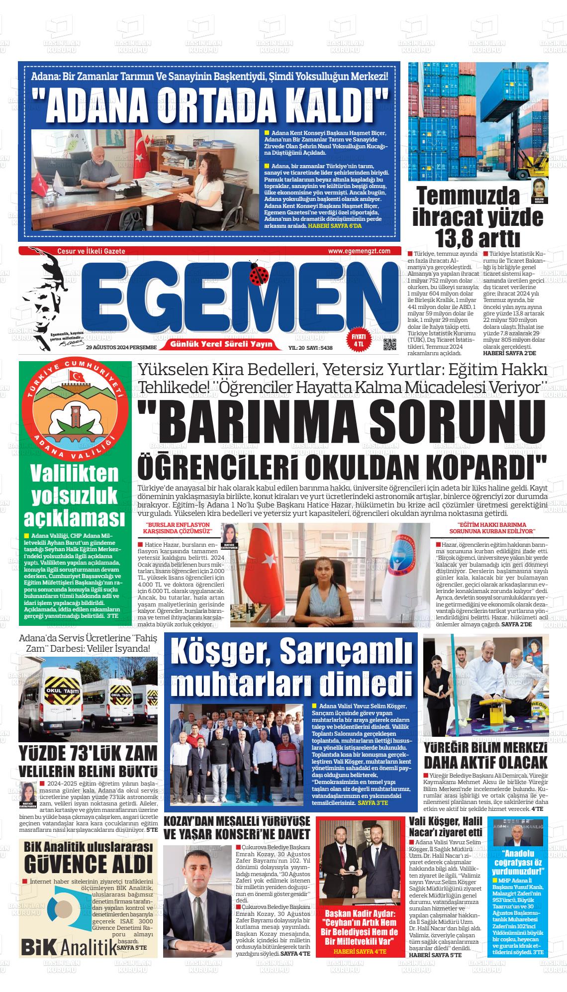 29 Ağustos 2024 Egemen  Adana Gazete Manşeti