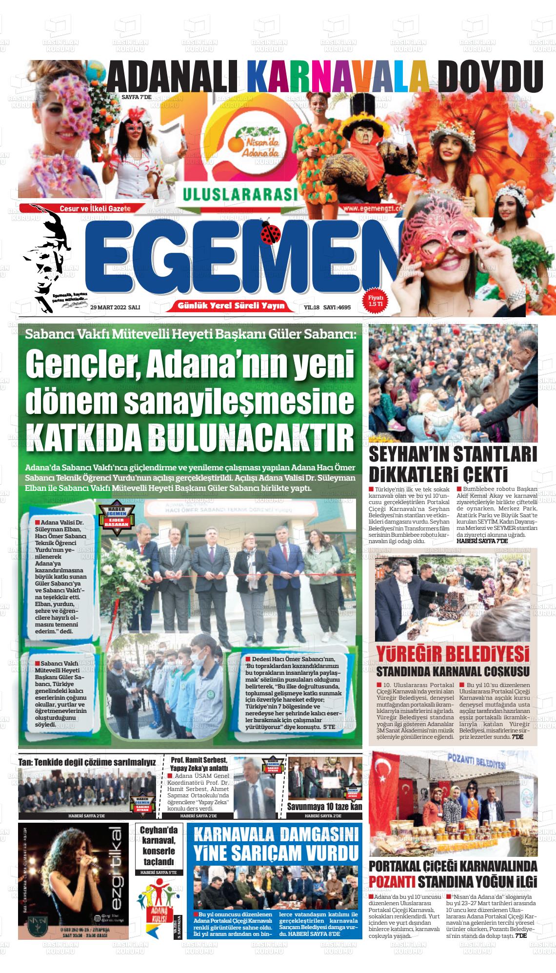 29 Mart 2022 Egemen  Adana Gazete Manşeti