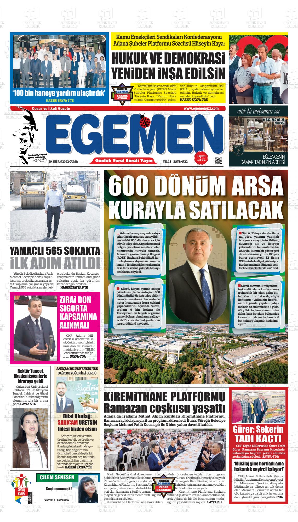 29 Nisan 2022 Egemen  Adana Gazete Manşeti