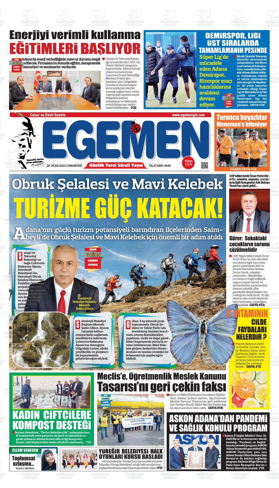 29 Ocak 2022 Egemen  Adana Gazete Manşeti