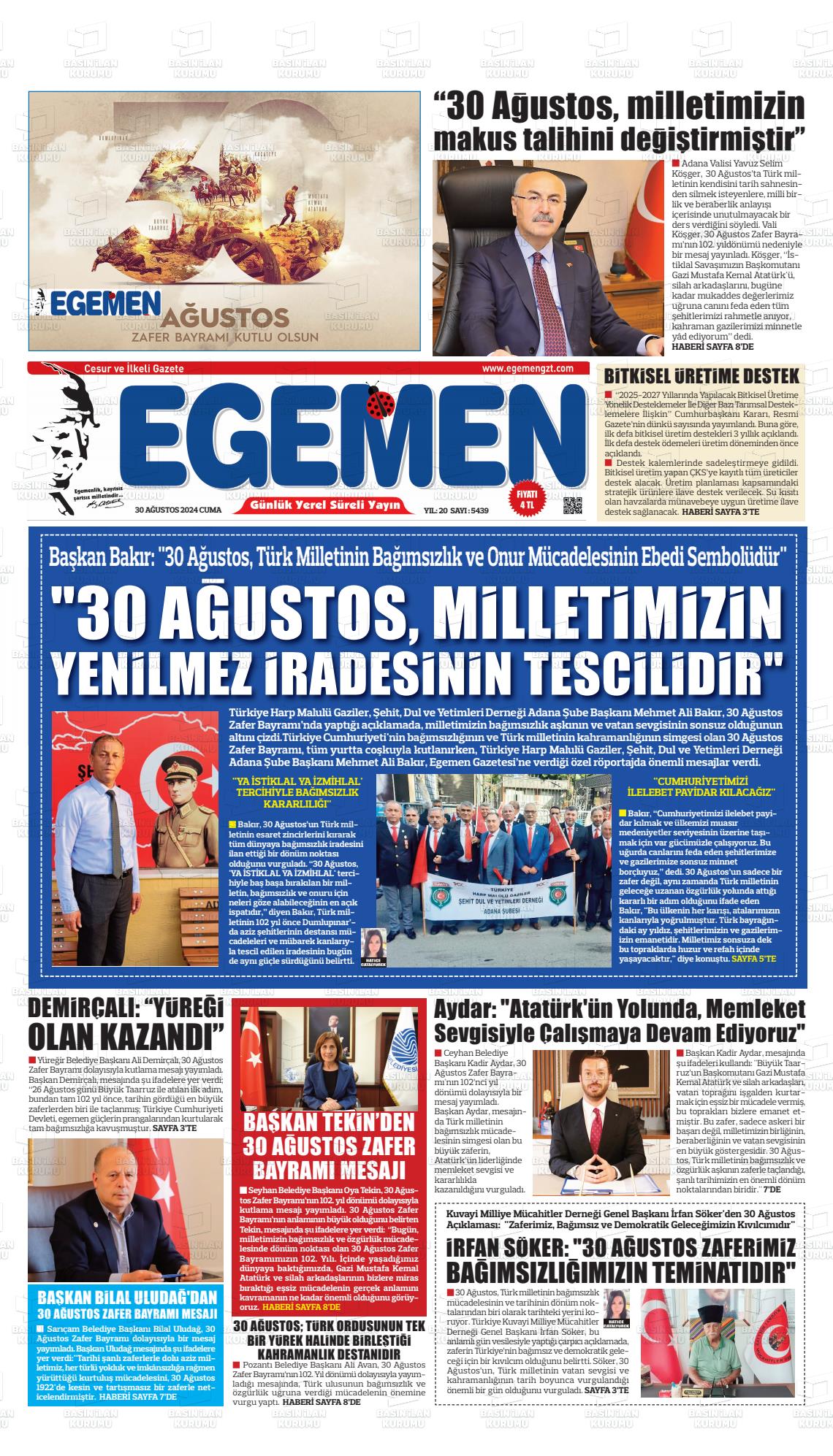 30 Ağustos 2024 Egemen  Adana Gazete Manşeti