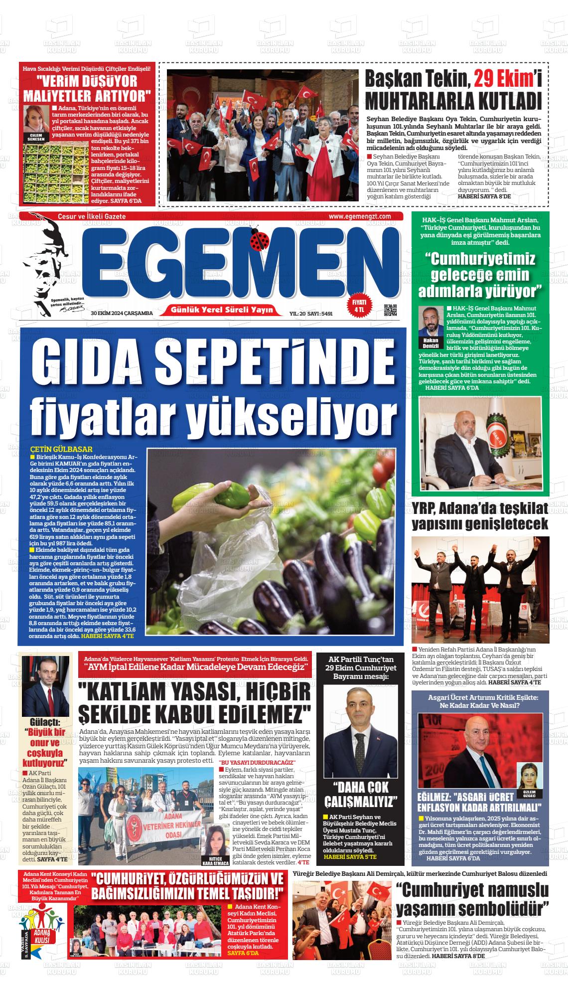 30 Ekim 2024 Egemen  Adana Gazete Manşeti