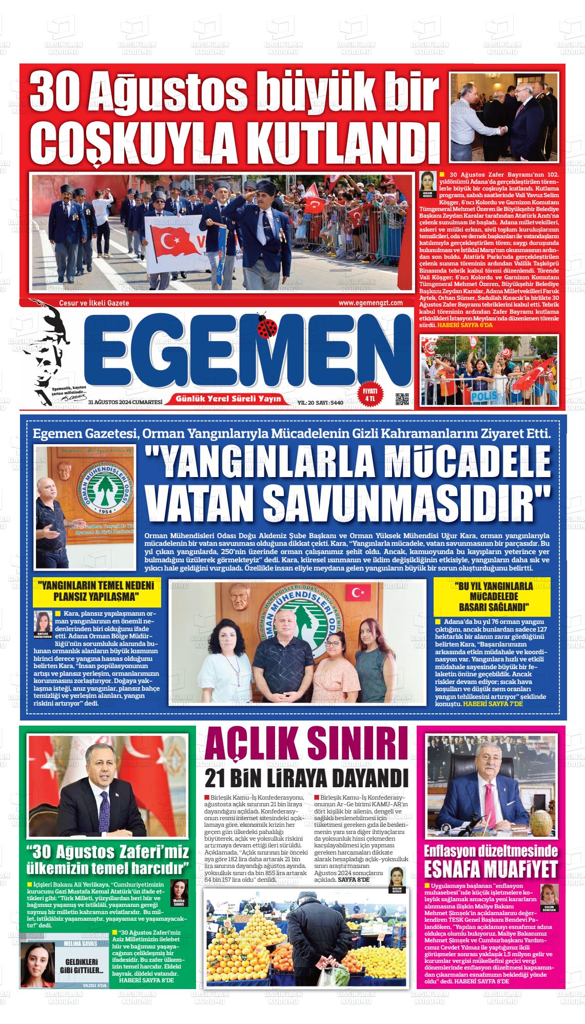 31 Ağustos 2024 Egemen  Adana Gazete Manşeti