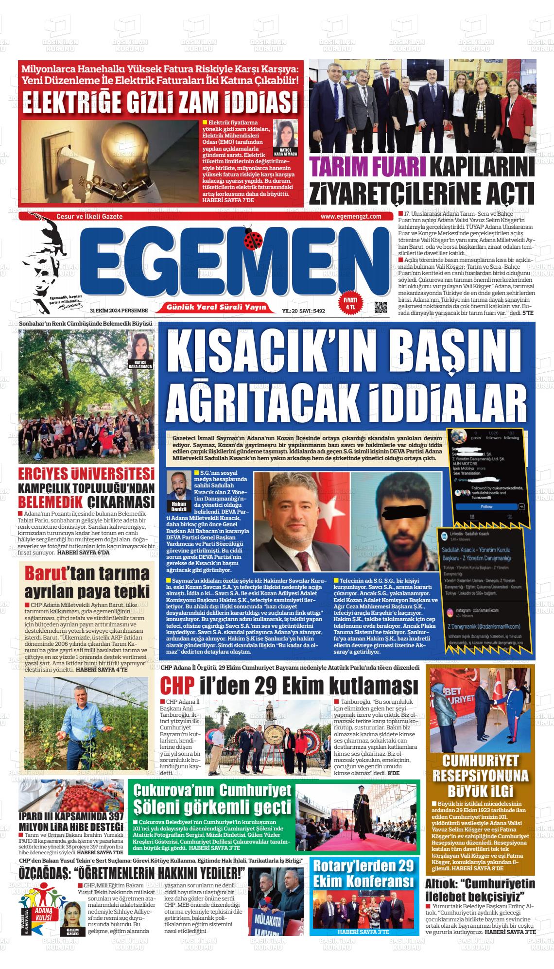 31 Ekim 2024 Egemen  Adana Gazete Manşeti