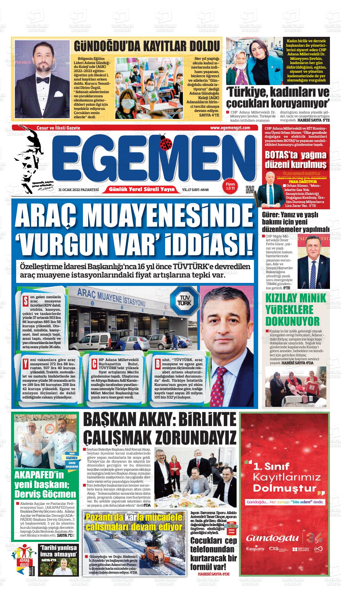 31 Ocak 2022 Egemen  Adana Gazete Manşeti