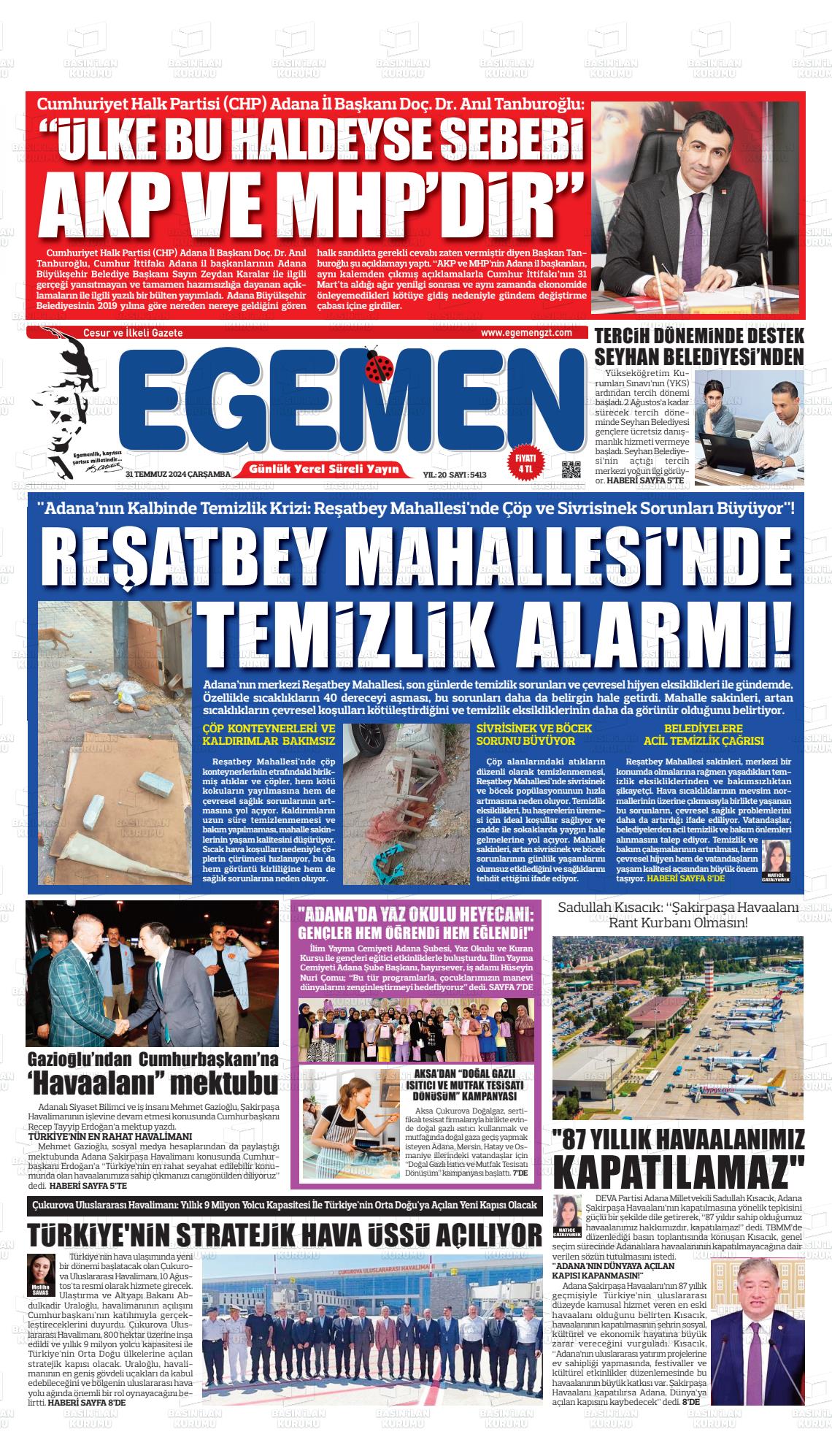 31 Temmuz 2024 Egemen  Adana Gazete Manşeti