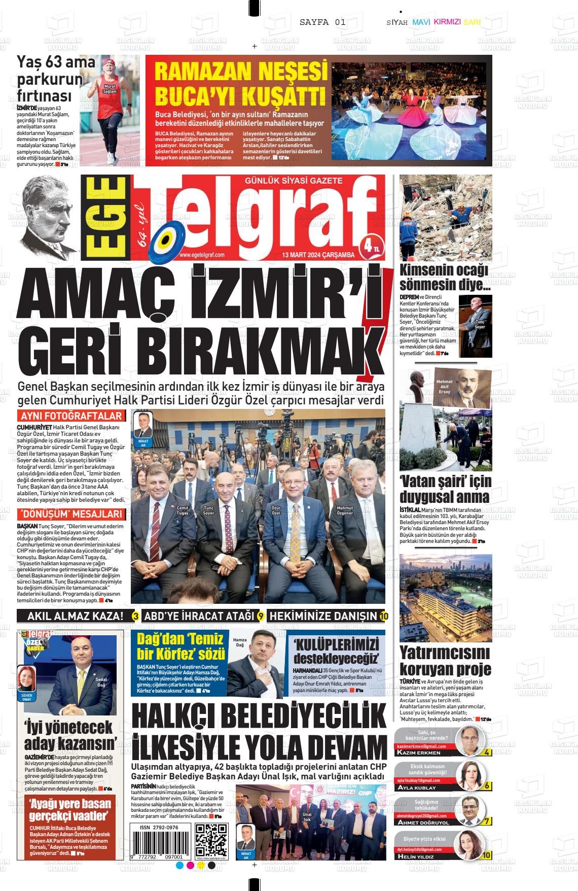 13 Mart 2024 Ege Telgraf Gazete Manşeti