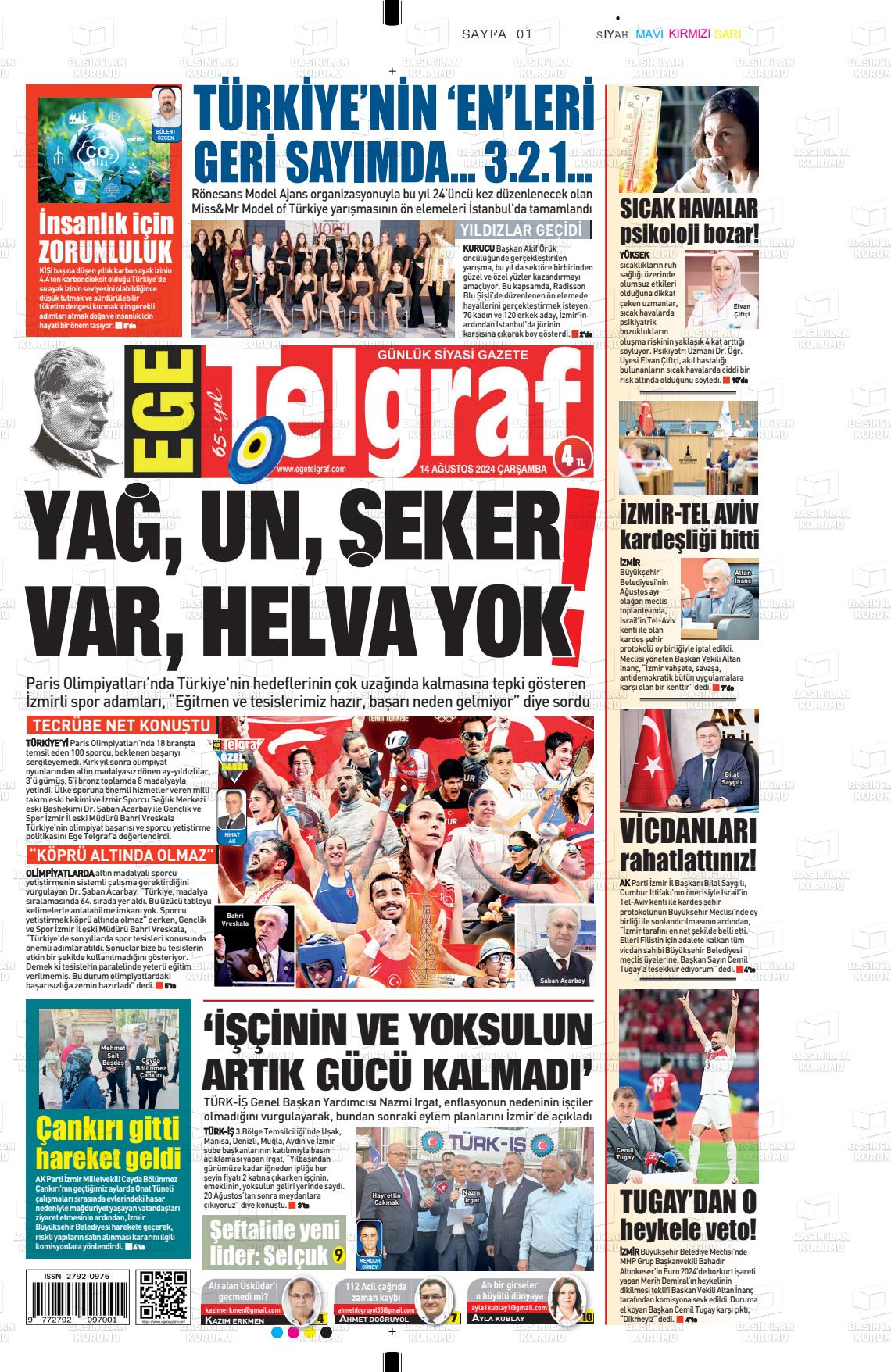 14 Ağustos 2024 Ege Telgraf Gazete Manşeti