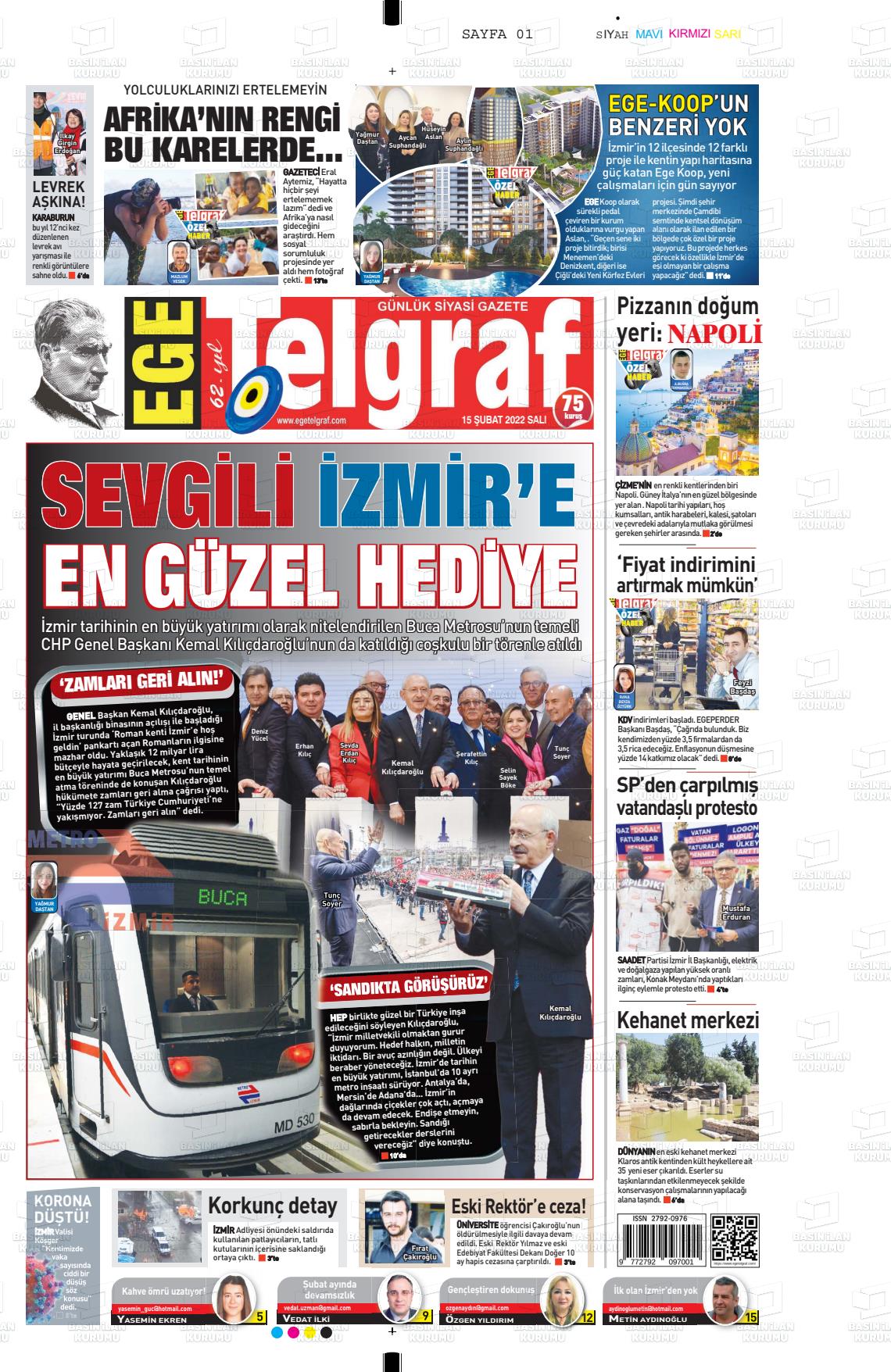 15 Şubat 2022 Ege Telgraf Gazete Manşeti