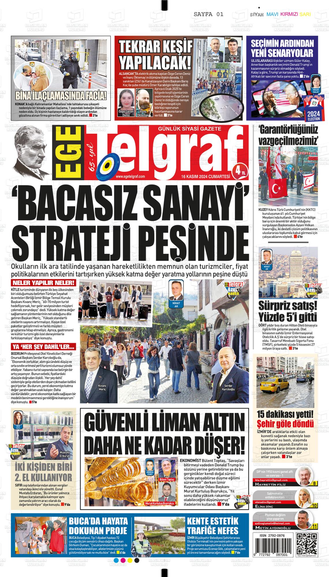 16 Kasım 2024 Ege Telgraf Gazete Manşeti