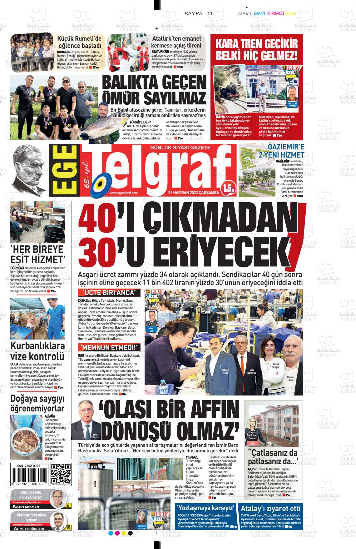 21 Haziran 2023 Ege Telgraf Gazete Manşeti