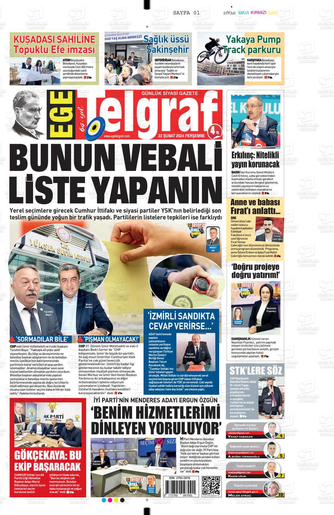 22 Şubat 2024 Ege Telgraf Gazete Manşeti