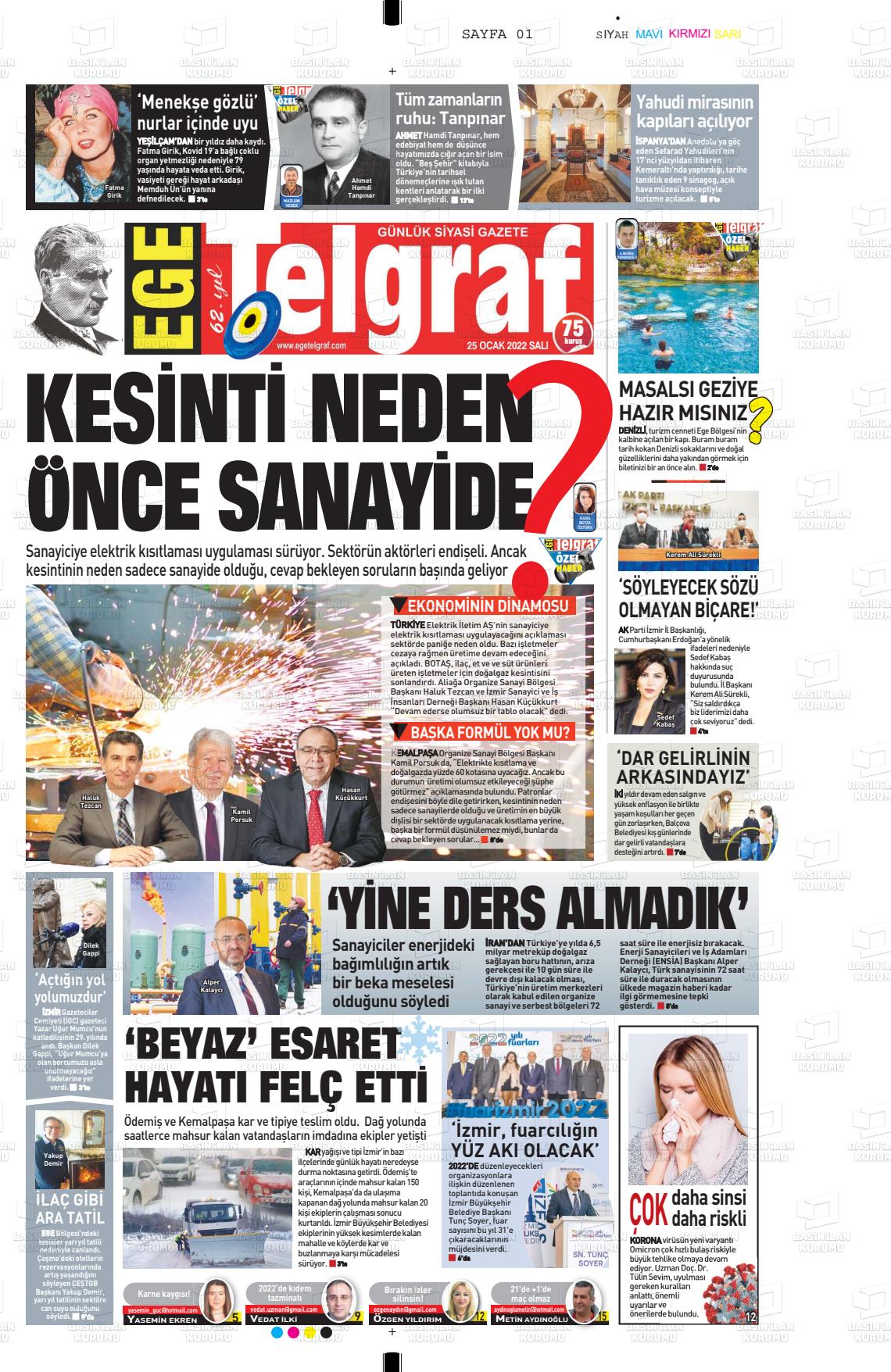 25 Ocak 2022 Ege Telgraf Gazete Manşeti