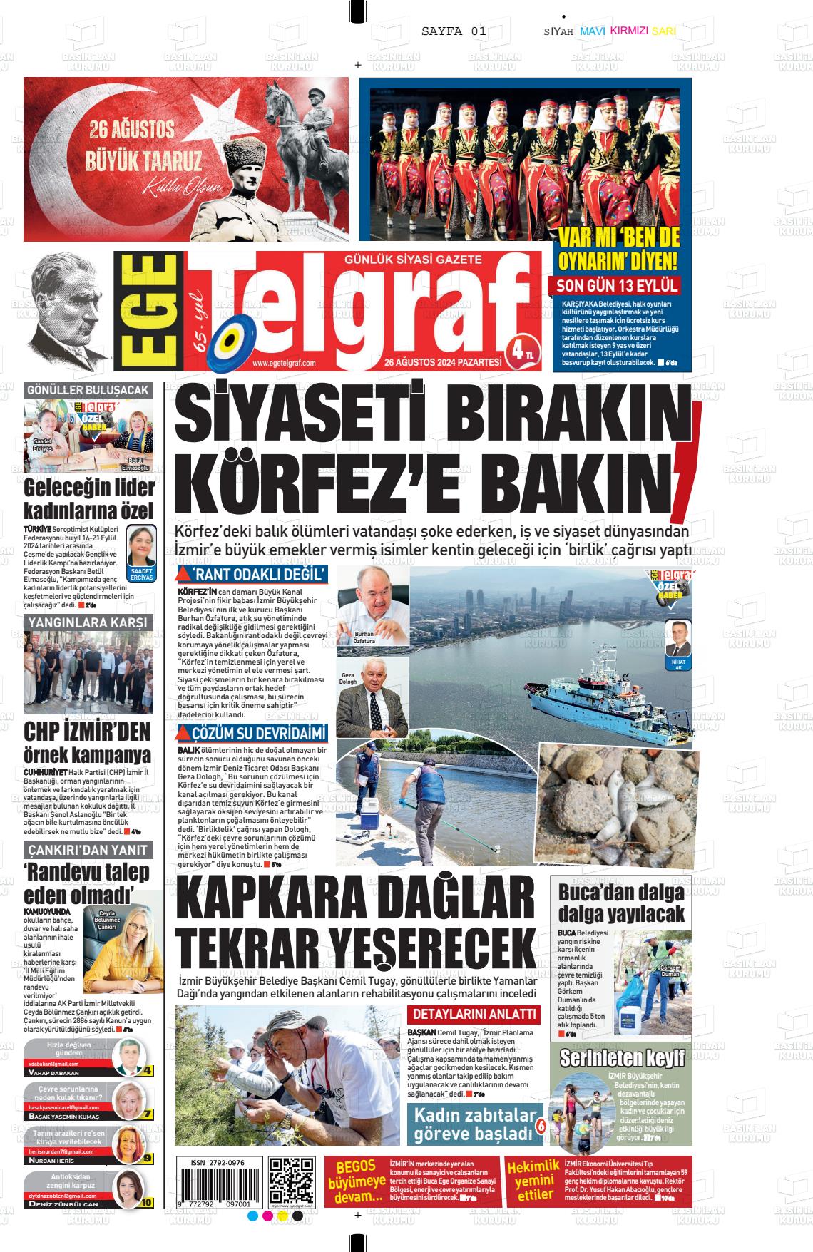 26 Ağustos 2024 Ege Telgraf Gazete Manşeti