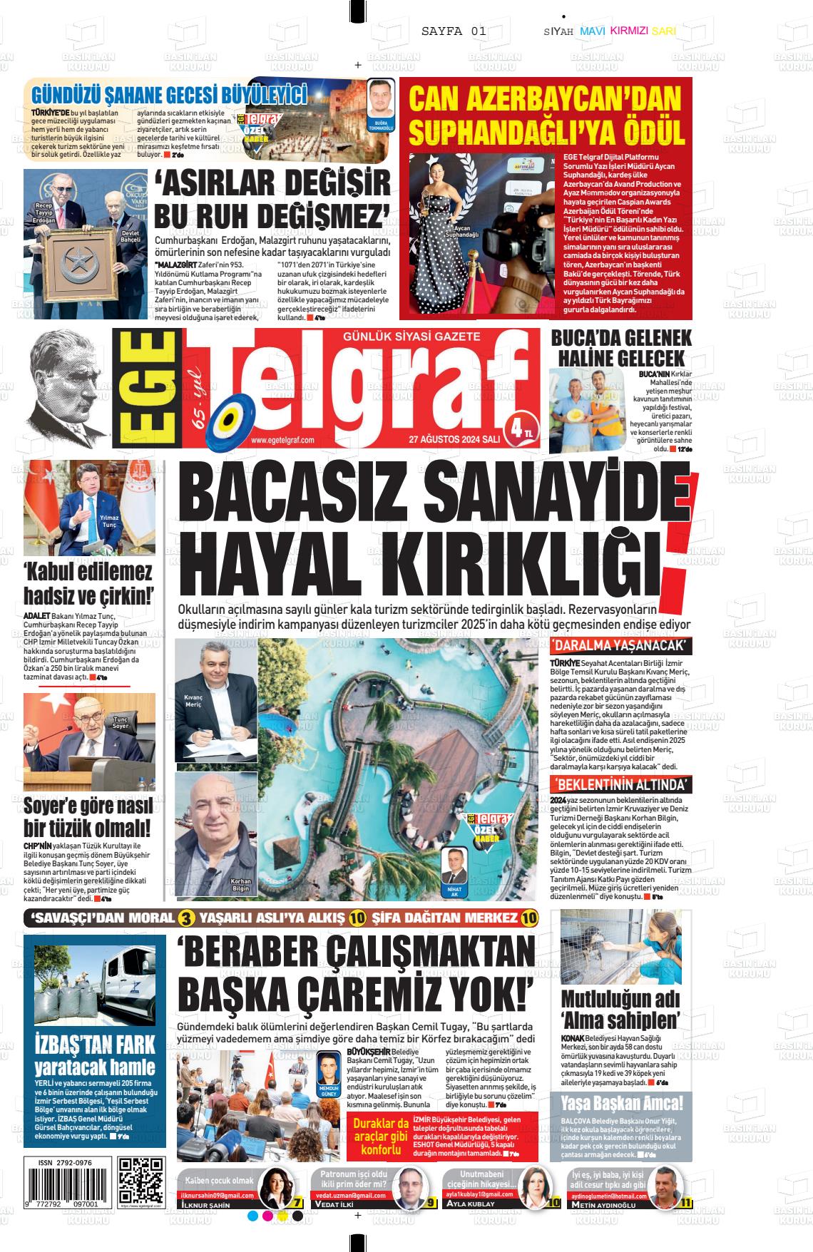 27 Ağustos 2024 Ege Telgraf Gazete Manşeti