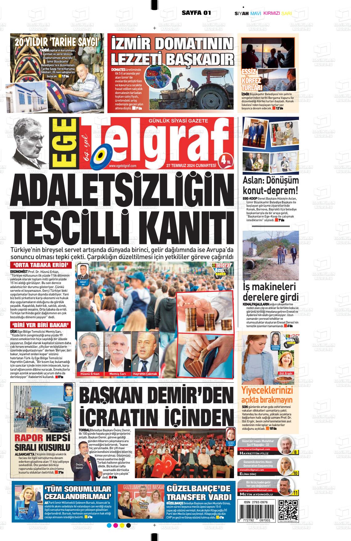 27 Temmuz 2024 Ege Telgraf Gazete Manşeti