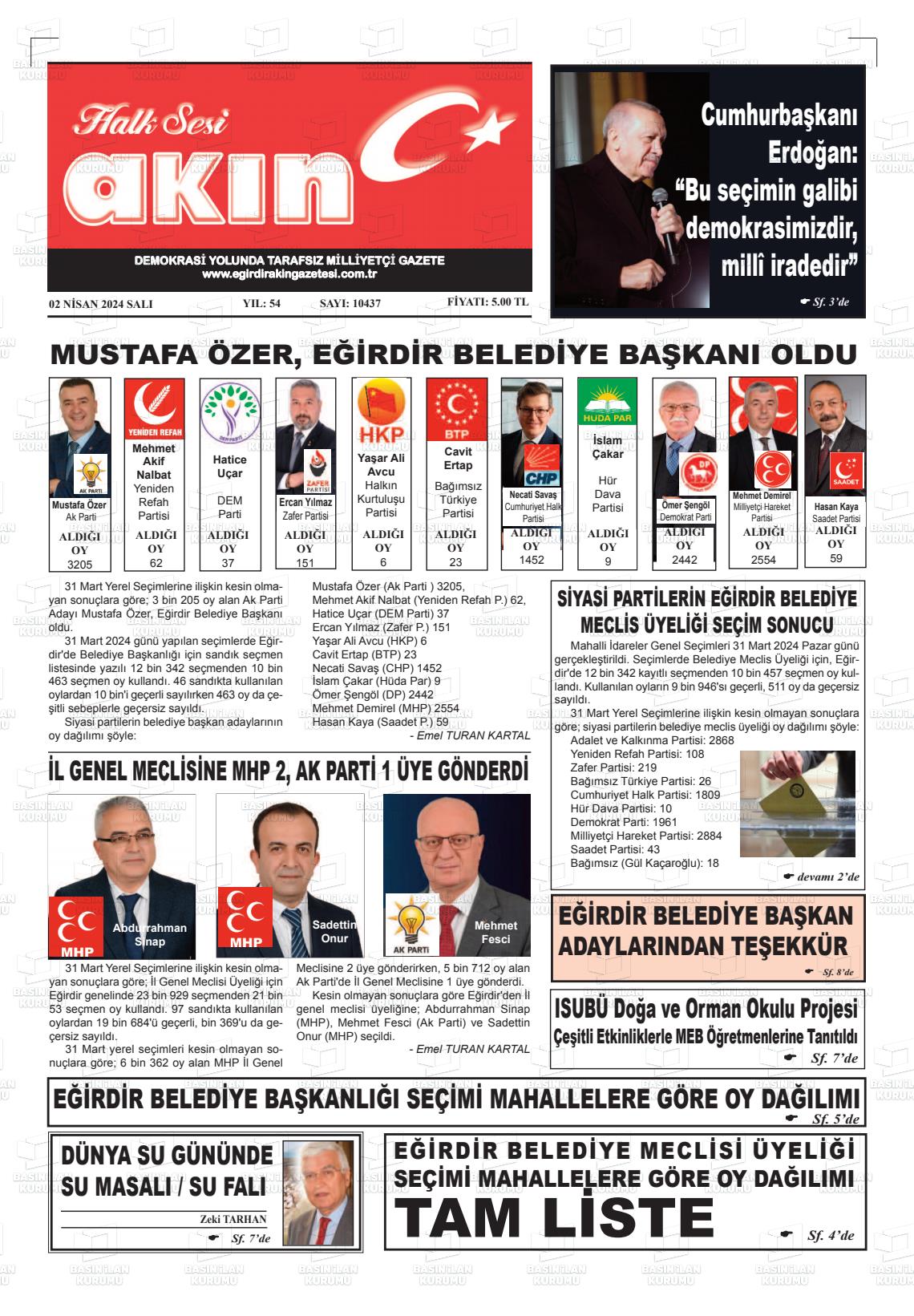 02 Nisan 2024 Eğirdir Akın Gazete Manşeti