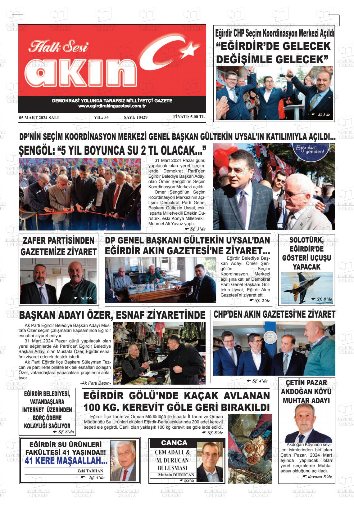 05 Mart 2024 Eğirdir Akın Gazete Manşeti