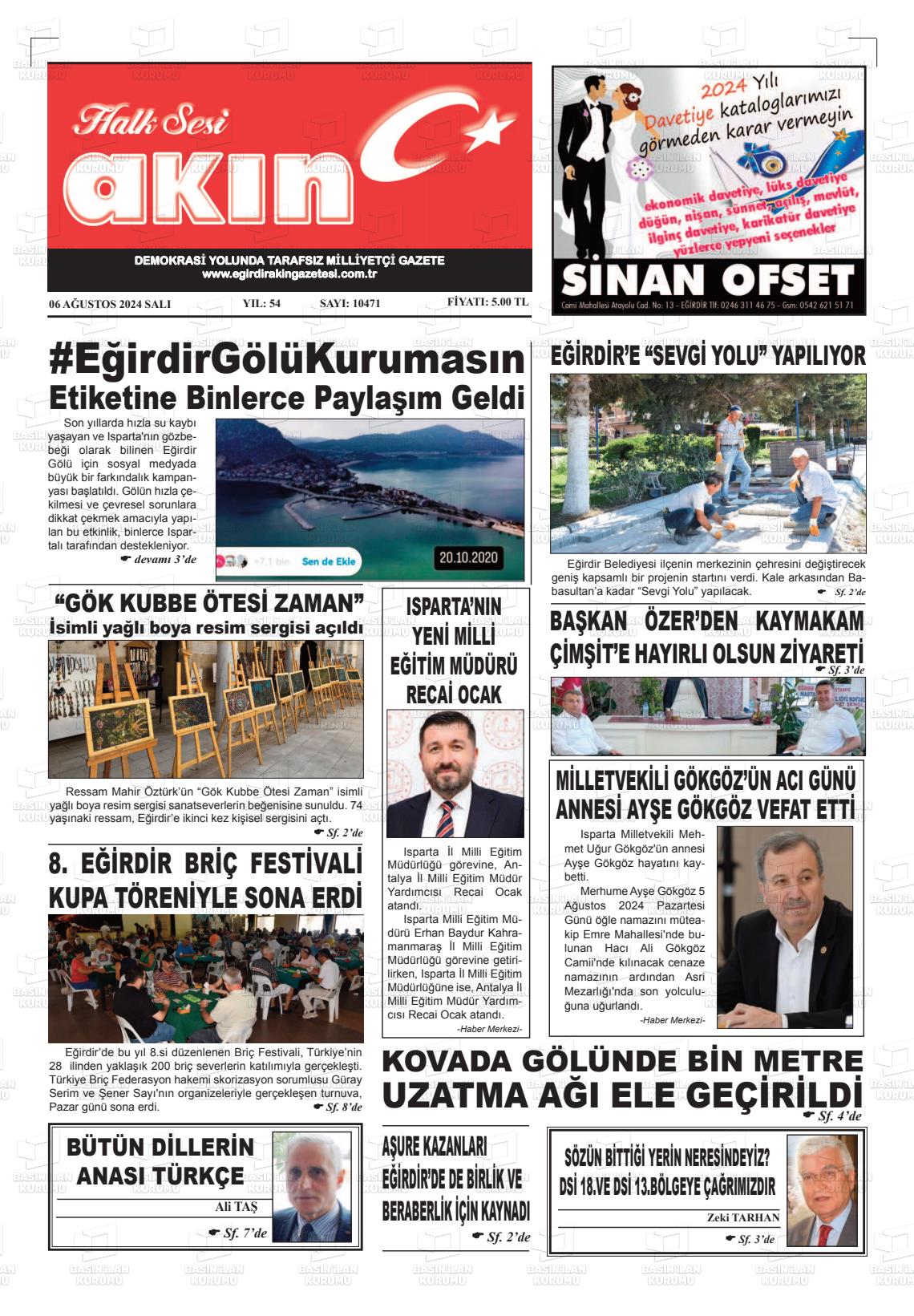 06 Ağustos 2024 Eğirdir Akın Gazete Manşeti