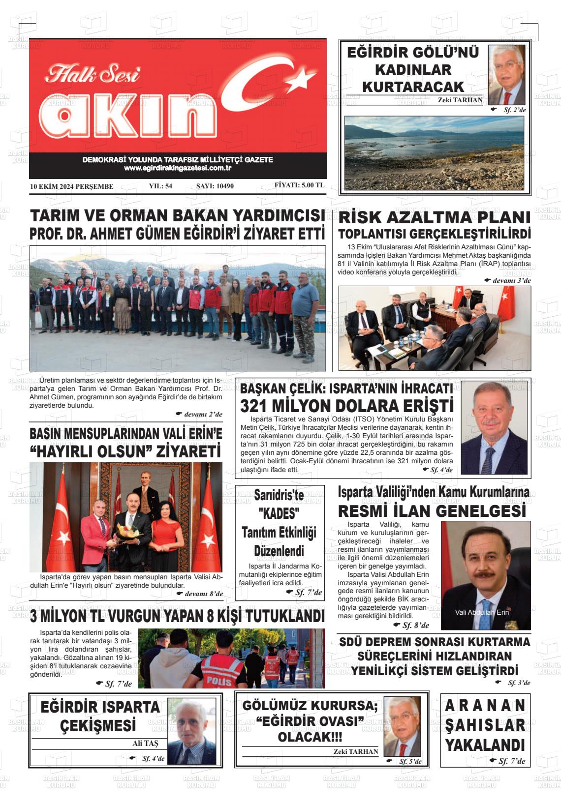 10 Ekim 2024 Eğirdir Akın Gazete Manşeti