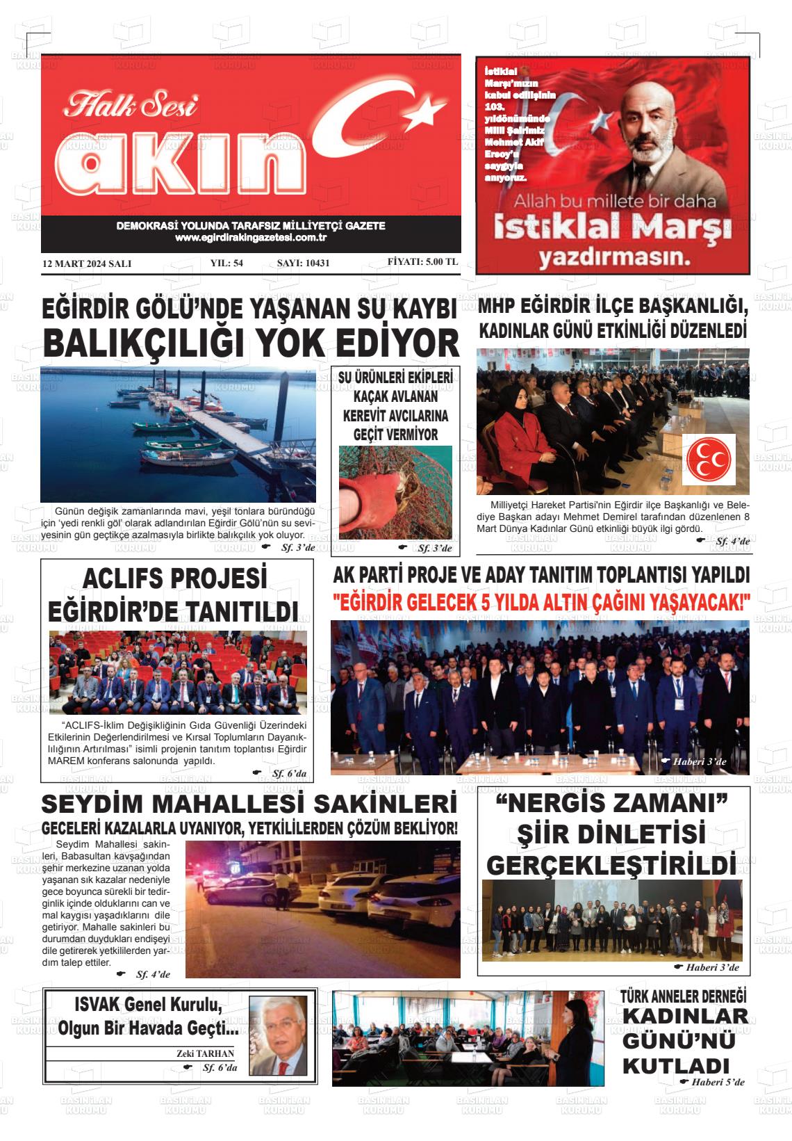 12 Mart 2024 Eğirdir Akın Gazete Manşeti