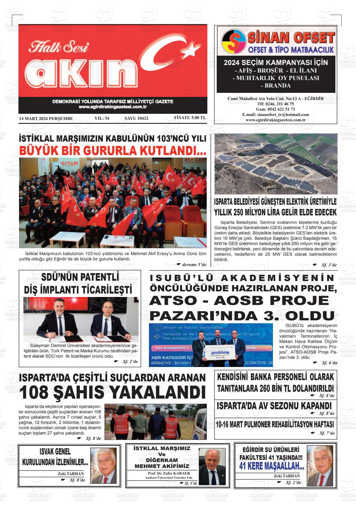 14 Mart 2024 Eğirdir Akın Gazete Manşeti