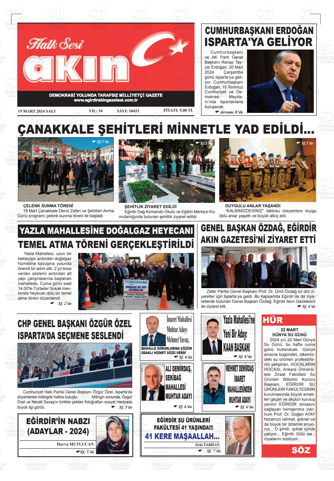 19 Mart 2024 Eğirdir Akın Gazete Manşeti