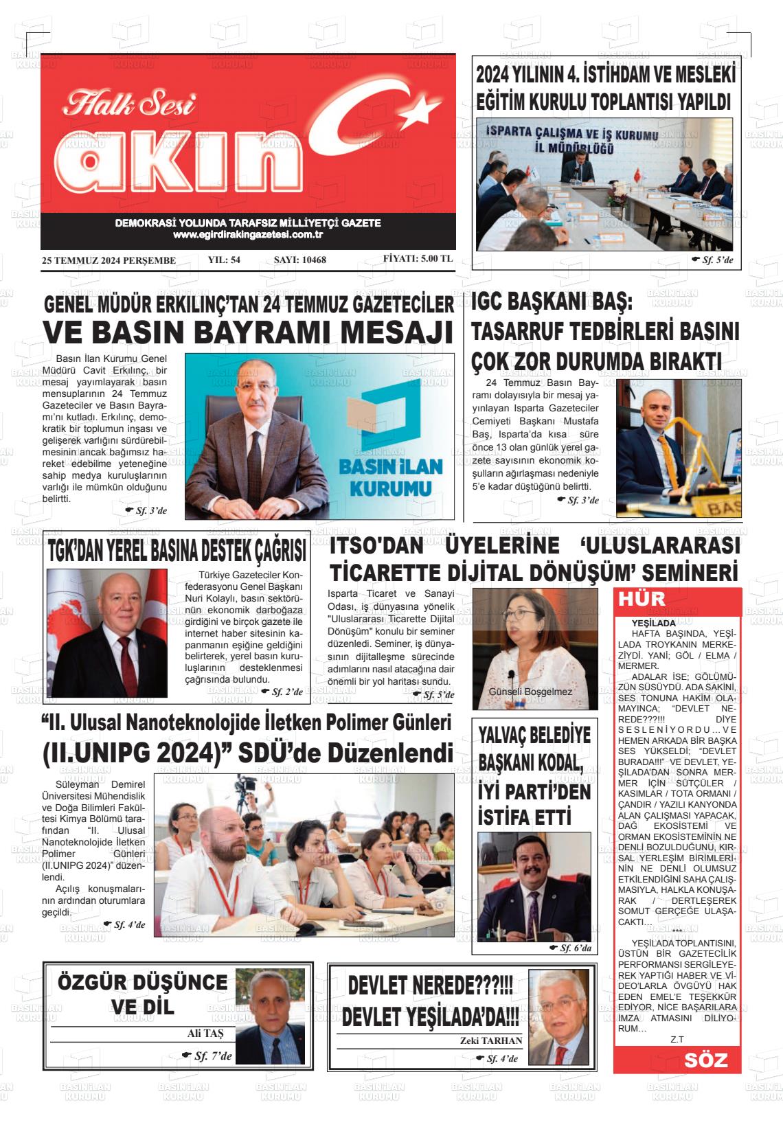 25 Temmuz 2024 Eğirdir Akın Gazete Manşeti