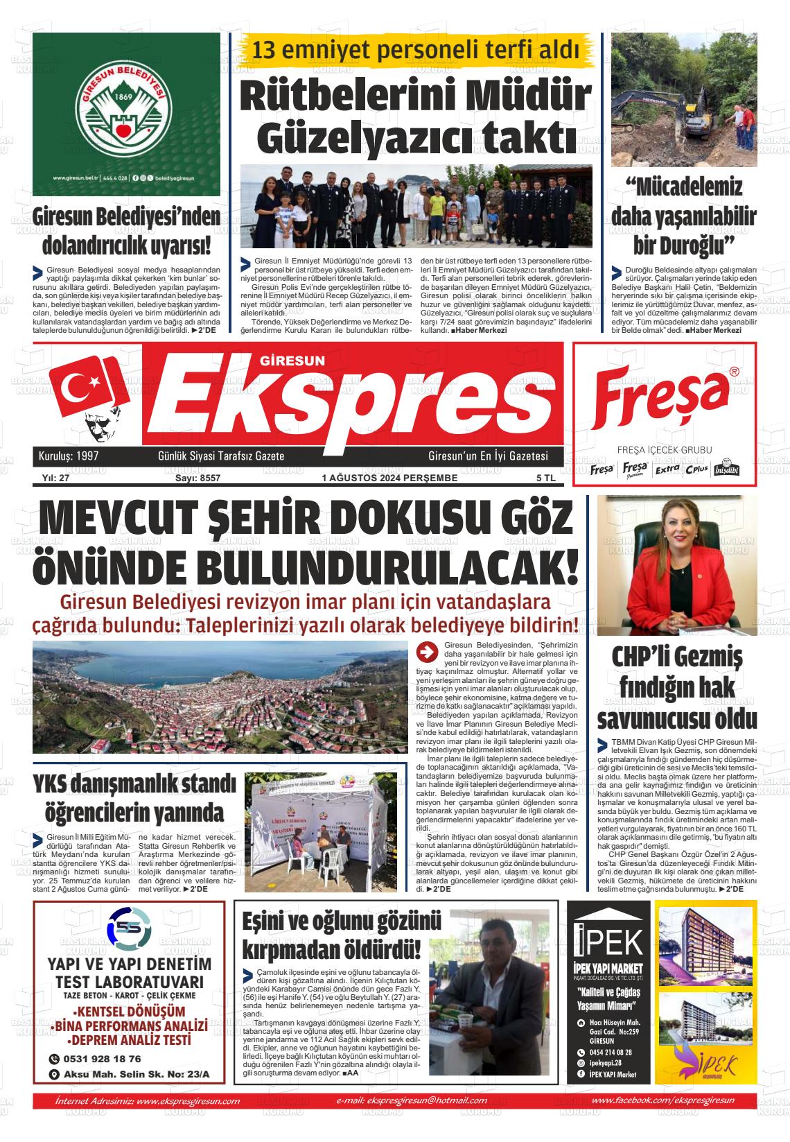 01 Ağustos 2024 Giresun Ekspres Gazete Manşeti