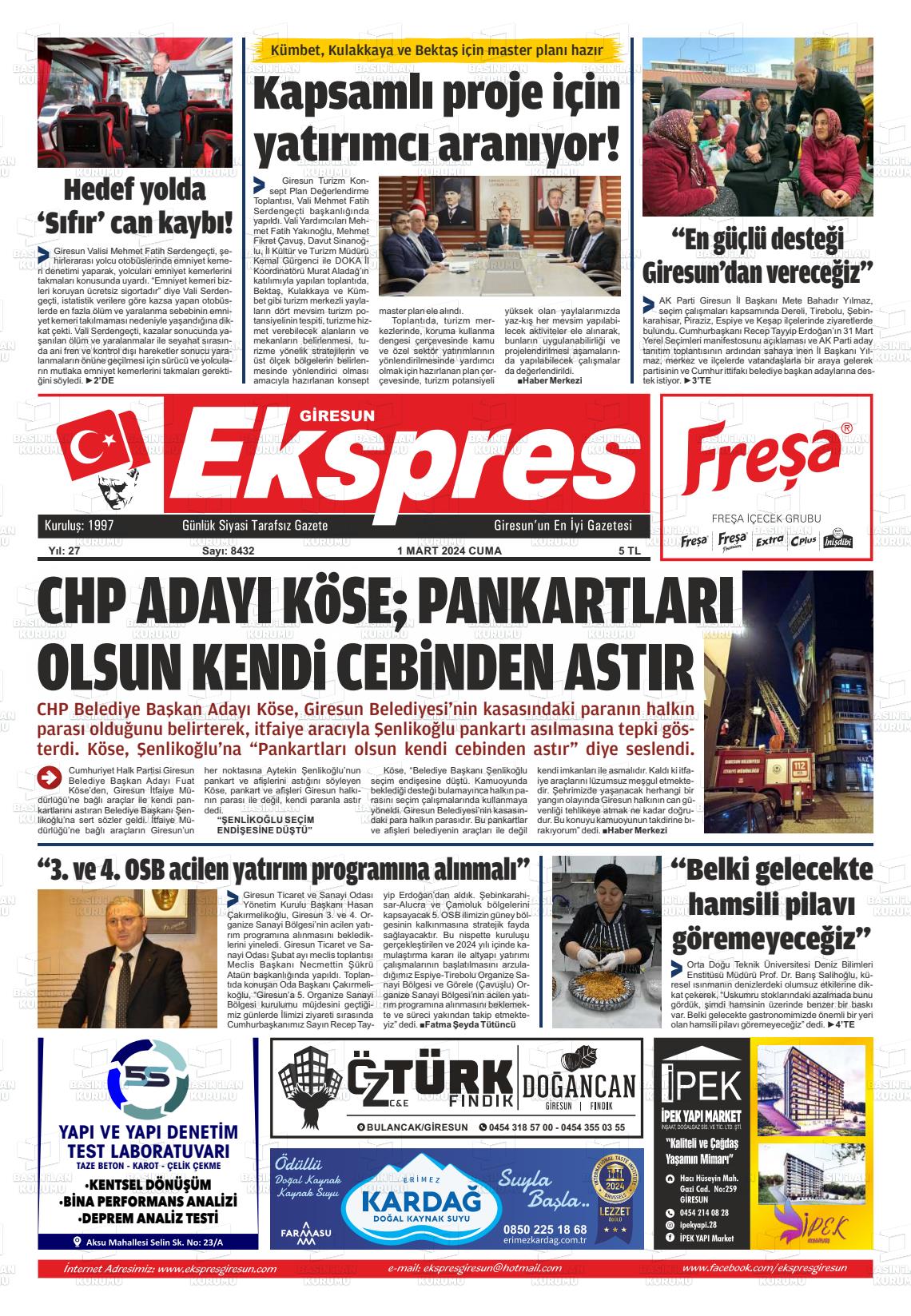 01 Mart 2024 Giresun Ekspres Gazete Manşeti