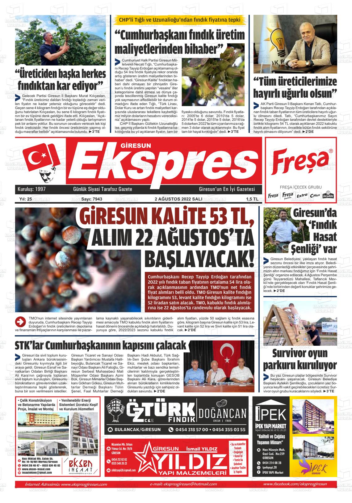 02 Ağustos 2022 Giresun Ekspres Gazete Manşeti